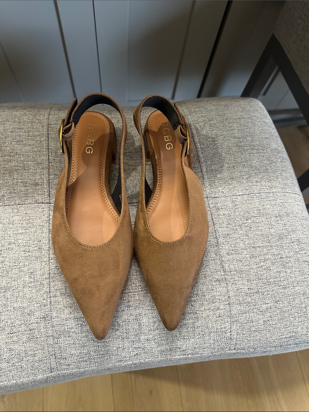 BCBG Tan Suede Pointed Slingback Mules with Gold Buckle
